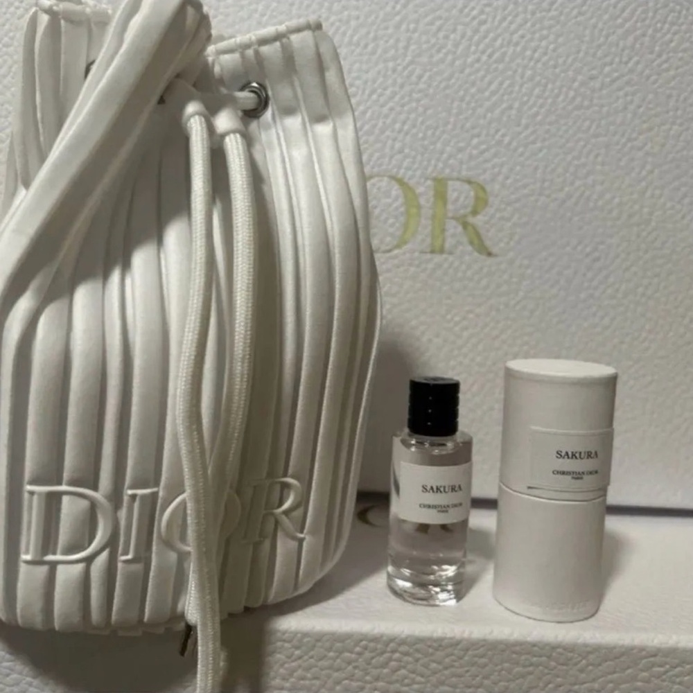 Dior White Pleated Drawstring Bucket Bag with Sakura Fragrance Vials
